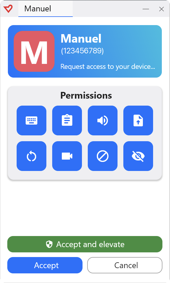 Connection request from the support agent, with the Accept button