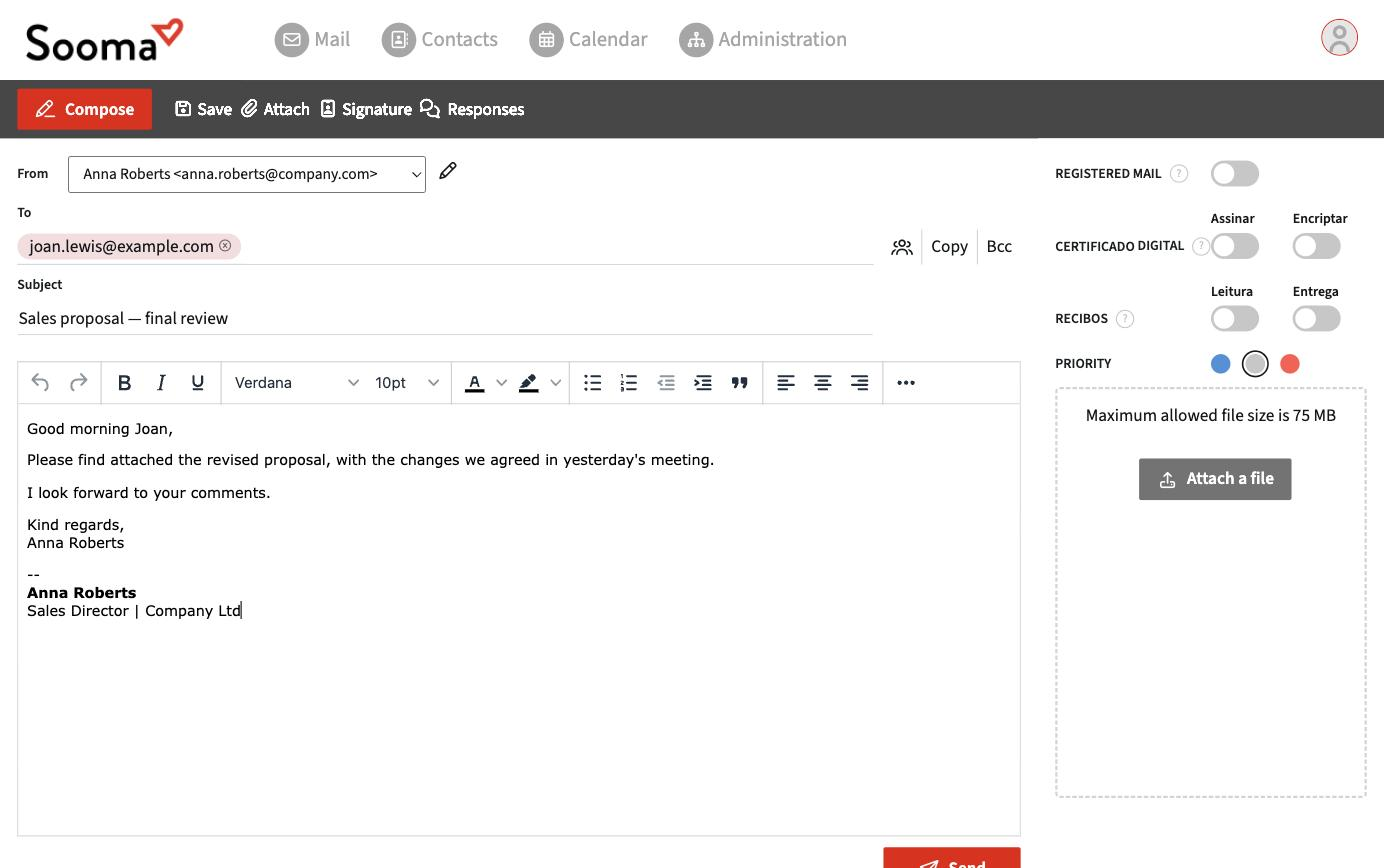 New message window in Sooma webmail