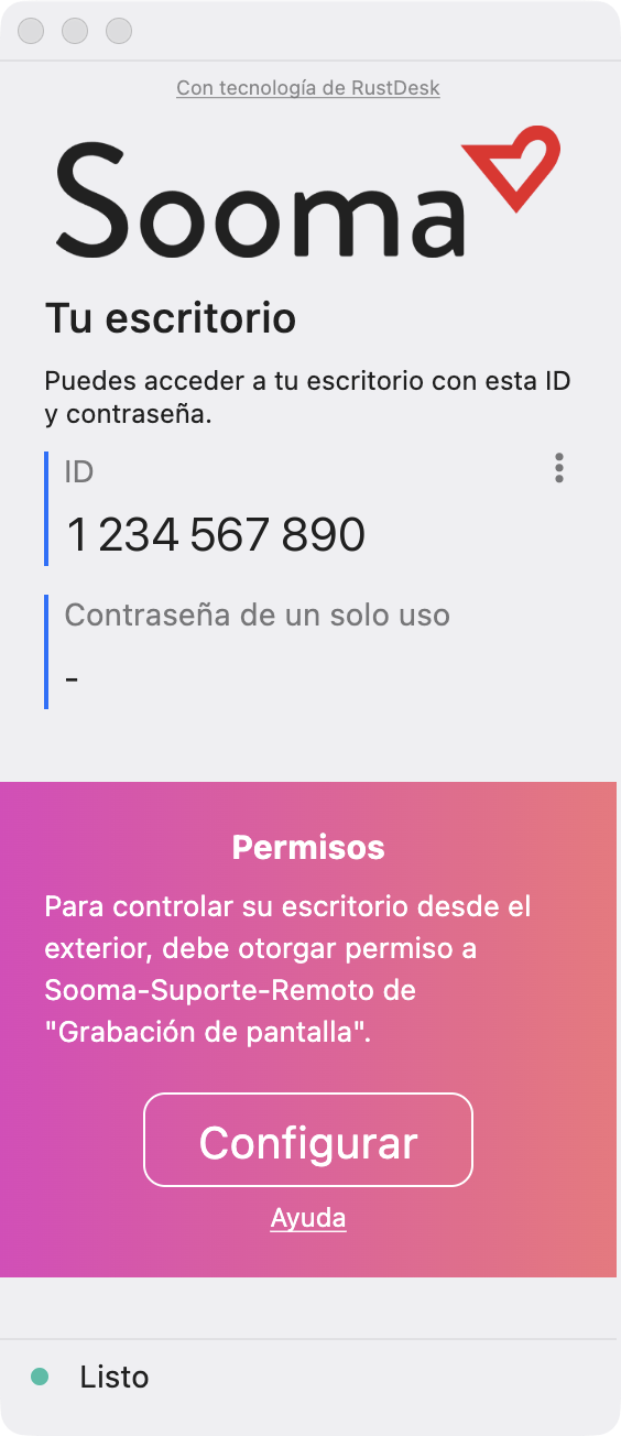 Ventana de la aplicación en macOS, con el aviso Permisos