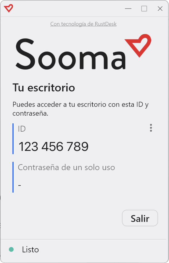 Ventana de la aplicación Sooma Suporte Remoto en Windows, con el ID