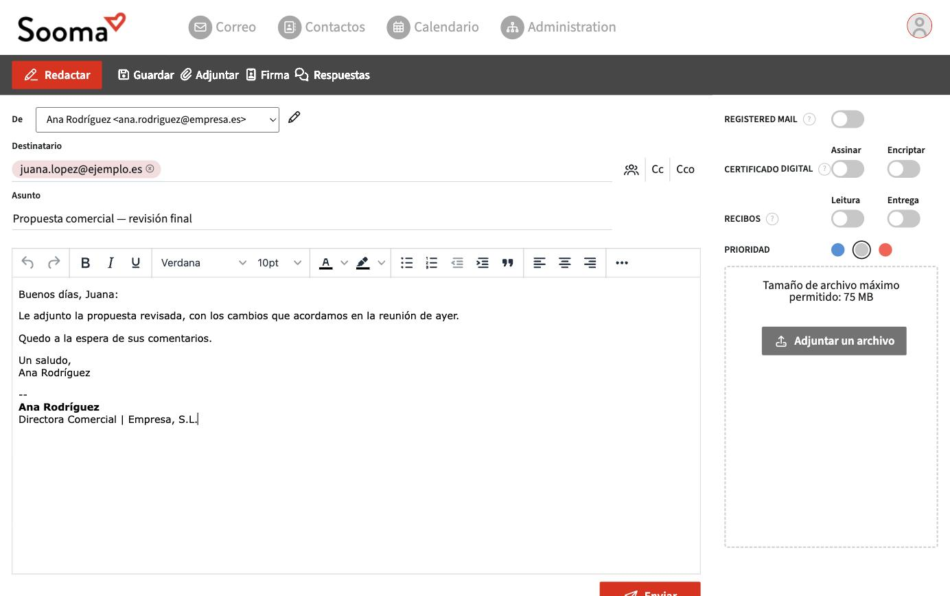 Ventana de mensaje nuevo en el webmail de Sooma