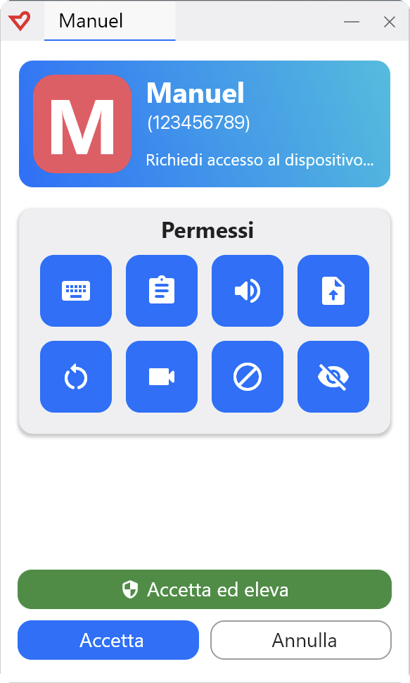 Richiesta di connessione dell'agente di supporto, con il pulsante Accetta