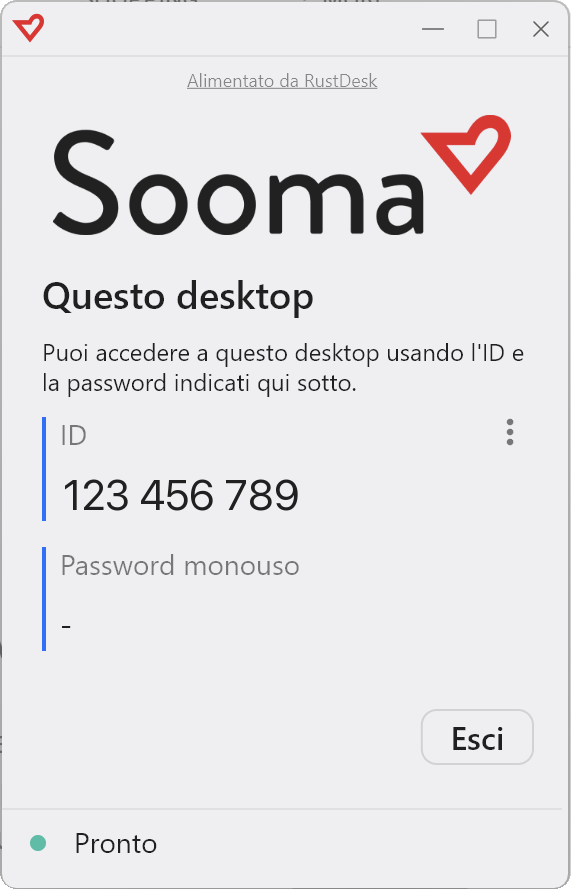 Finestra dell'applicazione Sooma Suporte Remoto su Windows, con l'ID