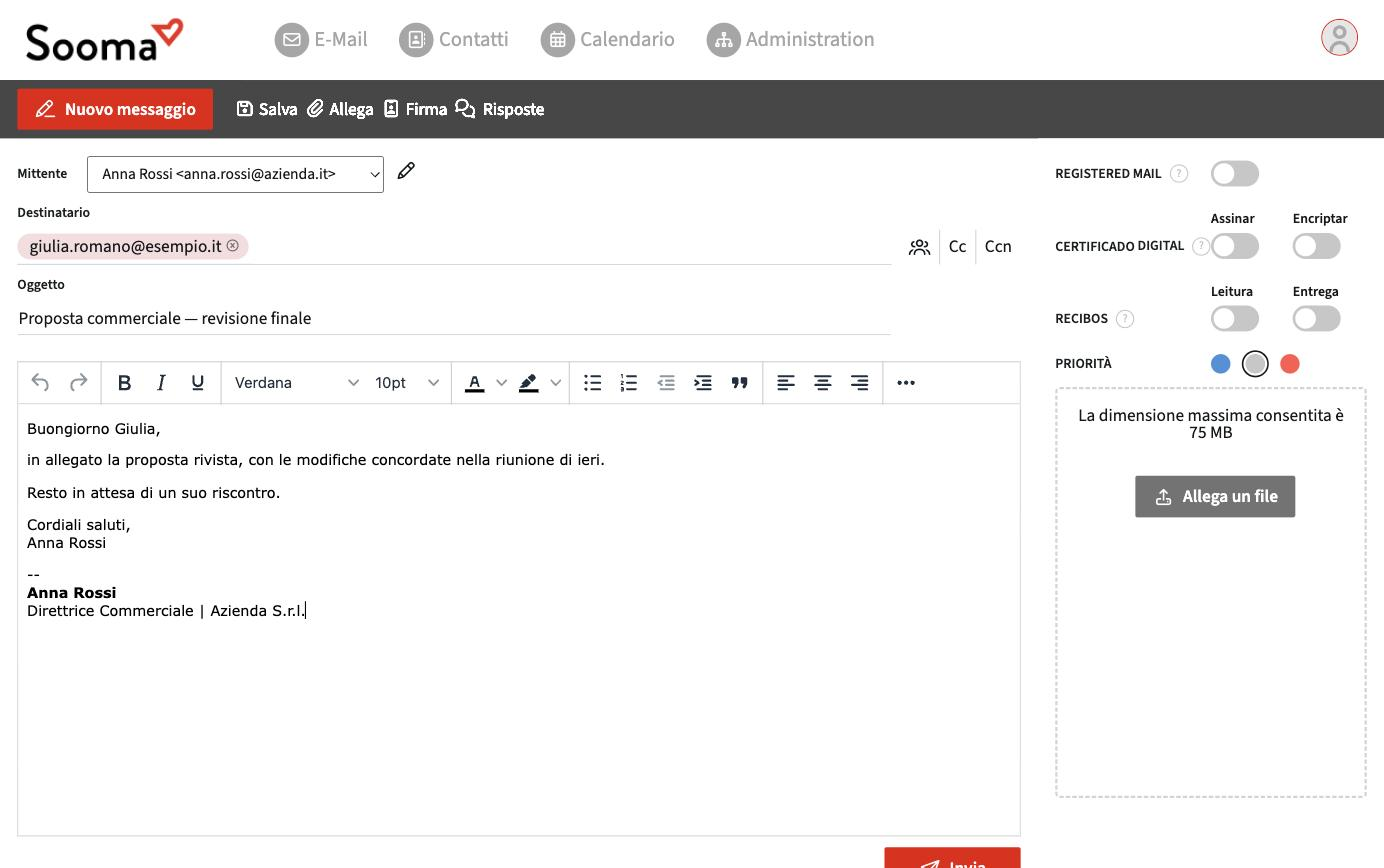 Finestra di nuovo messaggio nel webmail Sooma
